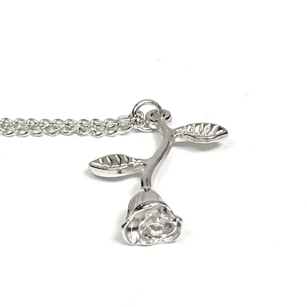 Silver Tone Flower Stem Pendant Necklace Rose Charm Feminine Retro Jewelry 20